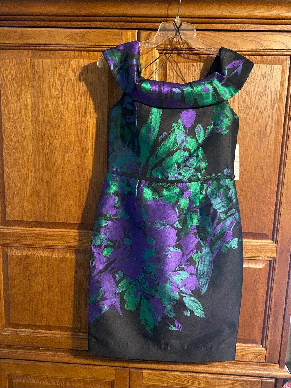 Teri Jon Black Mini Dress with Purple & Green Floral Jacquard